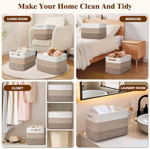 Storage Baskets for Organizing, 4 Pack Baskets for Shelves, Decorative Storage Bins for Shelves, Cotton Rope Storage Basket with Handles, Woven Basket for Storage, 13''Lx8.7''Wx7.9''H, Gradient Brown