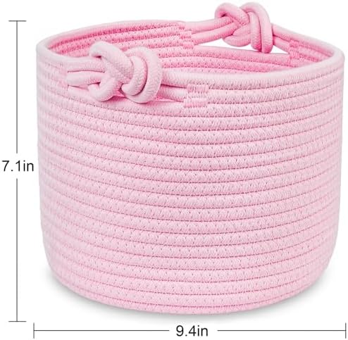 ABenkle Small Woven Basket, Cotton Rope Shelf Storage Basket, Small Round Basket, Cute Basket, Decorative Round Bin for Nursery Bedroom Bathroom, 9.4" x 9.4"x 7.1" Empty Gift Basket- Pink