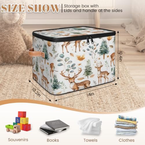 Cute Wild Deer Storage Box with Zipper Lid | Collapsible, Fabric, Storage Bin, Handle, Large, Closet Organizer, Containers, Bedroom, Home, Eucalyptus Leaf