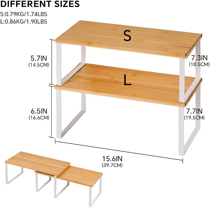 DOUKE Cabinet Organizer Shelf, Set of 2 Kitchen Counter Shelves, Kitchen Storage, Spice Rack, Stackable, Expandable, Metal and Engineered Wood, 15.6", White | Expandable and Stackable