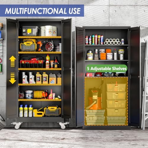 75" Metal Garage Storage Cabinet with Wheels and Locking Doors and Tall Rolling Steel Tool Cabinet with 5 Adjustable Shelves for Garage,Home,Office,Shop (Black, 75''H x 32''W x16''D)