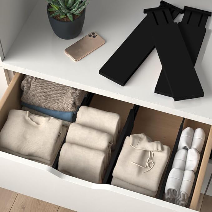 6 Pack Black Drawer Dividers - 6 Inch High for Deep Drawers, Adjustable 11.5 to 17 Inch Expandable Kitchen Drawer Organizer, Spring Loaded Dresser Separator for Clothes, Bedroom, Bathroom, Office