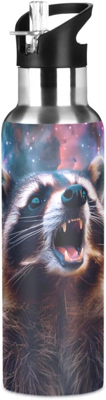 Raccoon with Galaxy Water Bottle with Straw Lid Kids Insulated Stainless Steel Water Flask Sports, 20 Oz Hot Cold