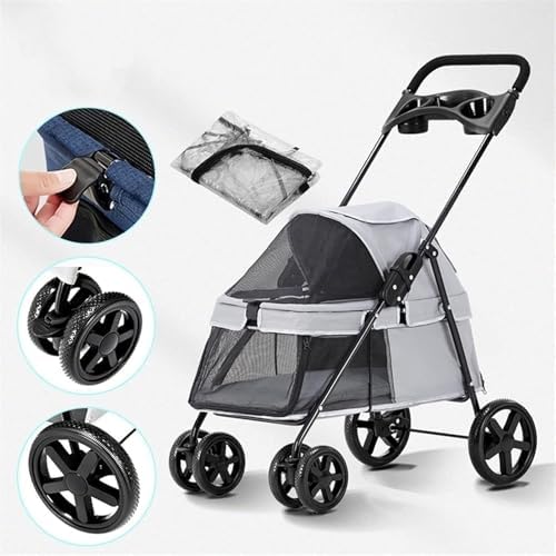Small Pet Dog Pram Stroller for Cats with Cup Holder, Dog Strollers for Small Dogs Premium Stroller with Rain Cover, Breathable Pushchairs Pet Gear(Grey a)