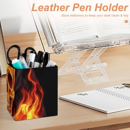 Cute Desktop Stationery Organizer Makeup Brush Cup Fire Flaming Skull Crossbones Leather Pen Holder