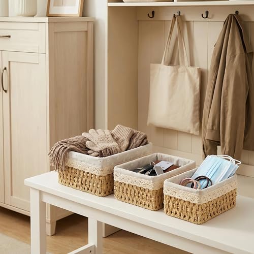 Wicker Baskets with Liner for Counter, Natural Paper Rope Rattan Storage Basket,Hand Woven Pantry Table Organizer Bins for Bedroom Living Room Bathroom School Shelves Office Desk (3 Pack Beige)