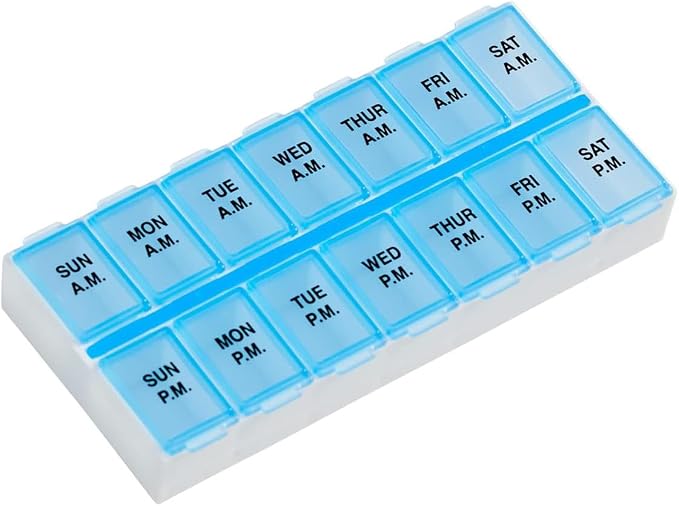 EZY DOSE Weekly AM/PM Daily Pill Case, Medicine Planner, Vitamin Organizer, Fish Oil Holder, Supplements Container, Medium Compartments, 2 Times a Day, Color May Vary (Randomly Selected), BPA Free