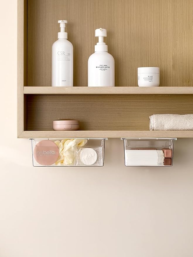 Medicine Cabinet Organizer Wall Mount,Small Pull-Out Organizer Box,Self-adhesive Under Medicine Cabinet Drawer Holder,Make Up Storage for Bathroom Mirror Cabinets, Clear (2)