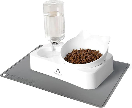 Marchul Cat Bowls, Pet Food Bowls, 15° Tilted Cat Bowl for Indoor Cats, Dog Food and Water Bowl Set (with Silicone Mat)