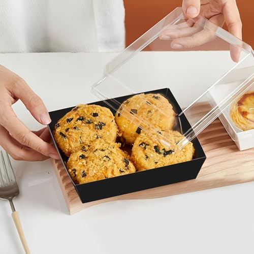 50 Pack Small Charcuterie Boxes with Clear Lids,5 inches Disposable Food Containers,Black Dessert Boxes with Thank You Stickers,Bakery Box for Sandwich, Strawberries,Cookie,Cake Slice(Black)