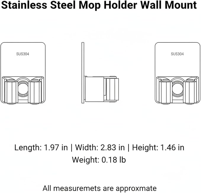 Stainless Steel Mop and Broom Holder Wall Mount, No-Drill Adhesive or Screw-In Hook for Bathroom, Laundry, Garage Organization (1 Pack)