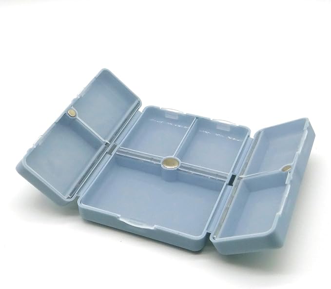 Daily Pill Organizer Box, 7 Compartments Portable Case for Travel | Folding Design Medicine Dispenser Reminder for Purse Pocket to Hold Vitamins, Cod Liver Oil, Supplements, Medication, Blue