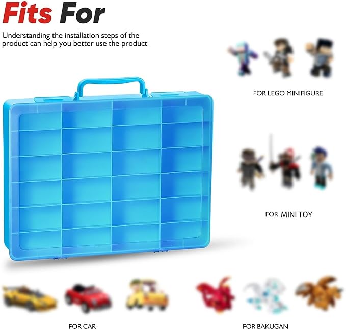Toy Storage Organizer Case for Hot Wheels Car, for Matchbox Cars, for Mini Toys, for Small Dolls. Carrying Box Container Carrier with 24 Compartments (Box Only) (Blue)