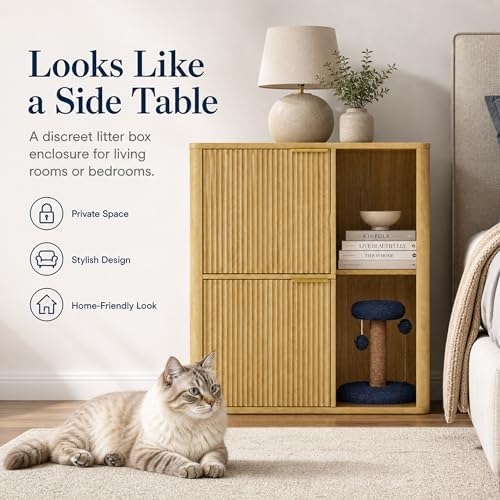 31.5 Inch Cat Litter Box Enclosure with Cat Tree Cabinet, Natural | Hidden Litter Box Furniture with Dual Entry Doors, Storage Shelf, Sisal Scratching Post and Modern Side Table Design