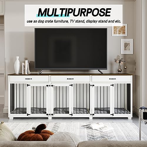 Dog Crate Furniture - Indoor Wooden Dog Kennel Crate Furniture with 2 Dividers, 3 Drawers, and 3 Lockable Doors - 95"x23.6"x31.5"H, White