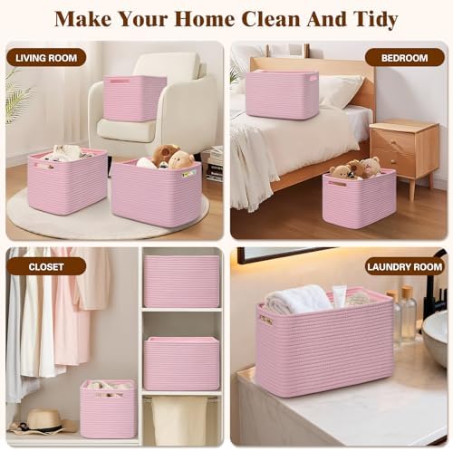 Storage Baskets for Organizing, 4 Pack Baskets for Shelves, Decorative Storage Bins for Shelves, Cotton Rope Storage Basket with Handles, Woven Basket for Storage, 13''Lx8.7''Wx7.9''H, Pink
