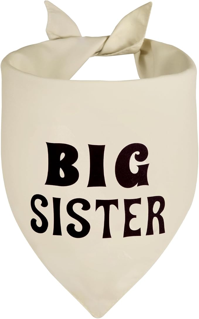 Big Sister Dog Bandana Beige Large 1PCS, Adjustable Triangle Scarf | Pregnancy Announecment, New Baby for Family.