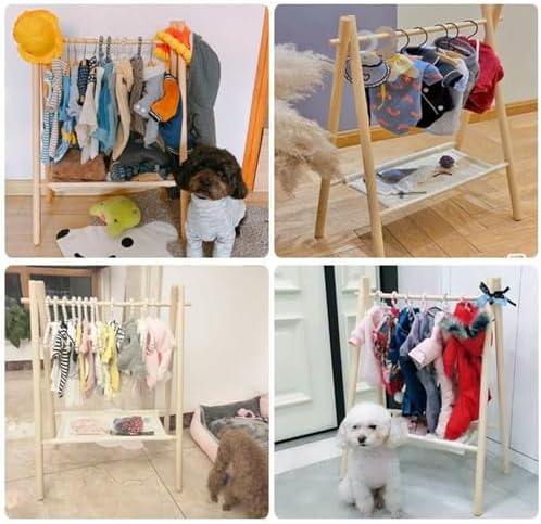 SYUFRE Dog Garment Rack Pet Armoire Wardrobe Wooden Dress Up Clothes Storage Small Dog Closet Pet Clothes Organizer Accessories for Doll Cat and Puppy (Color : Triangle/Round Wood), 10200230