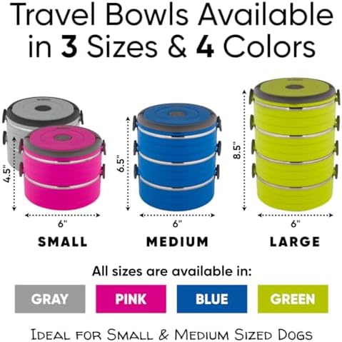 Healthy Human Travel Pet Bento Bowls - Human-Grade Stainless Steel & BPA-Free, Leak-Proof Water & Food Container Set for Dogs & Cats, 3-Pack Interlocking Bowls, Includes Spare Clips & Handle (Gray)