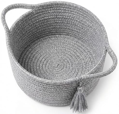 Small Gift Basket Empty to Fill, Gift Bag & Ribbon, Light Grey | Cute Decorative Mini Woven Rope Basket with Handles for Gifting; Reusable for Bathroom Counter or Desk Catchall, 8 x 4.7 in