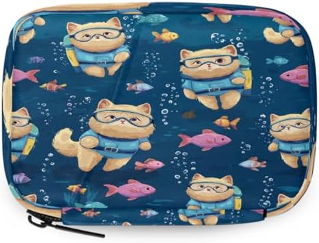 Weekly Pill Organizer Travel Size Bag with Removable 7 Day Pill Box Portable Vitamin Case Purse with Zipper,Scuba Cat Underwater with Fish