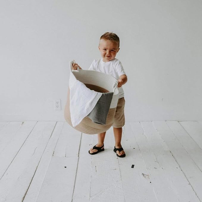 Parker Baby Co. Rope Storage Basket, Large Nursery Storage Bin - White/Tan | Soft woven basket that adds stylish, sturdy storage for blankets, books, clothes, and playroom clutter