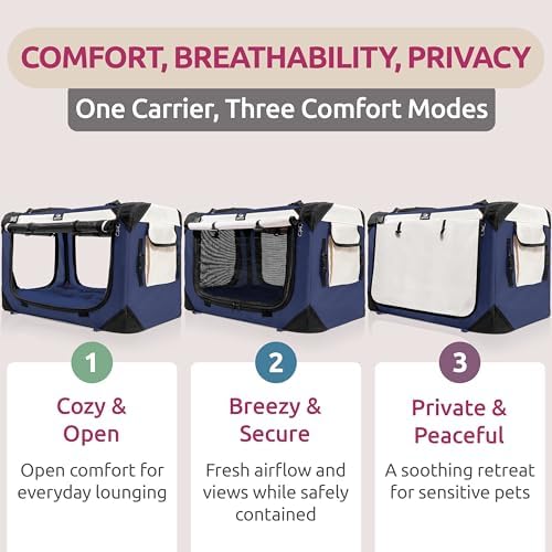 Dog & Cat Carrier, Large, Navy | Soft-sided, Fits Large Cat, 2 Cats, or Medium Dog Comfortably, Great for Travel & Vet Visits, Privacy Windows, Removable Bed