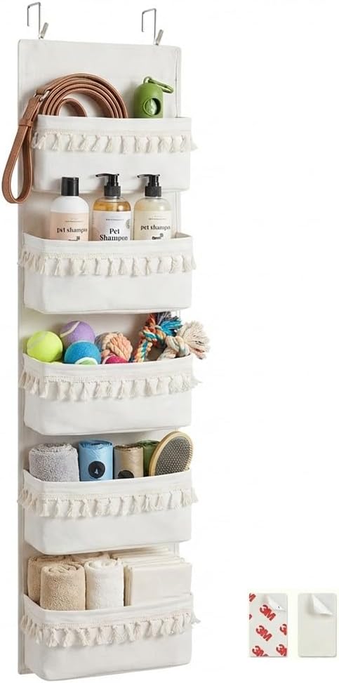 Over The Door Organizer, Pet Supplies Hanging Storage Rack, Beige | Boho Canvas 5-Tier Pocket With Tassels. Features PE Front, Wipeable Bottom & 44lbs Capacity. Ideal For Bathroom & Nursery.