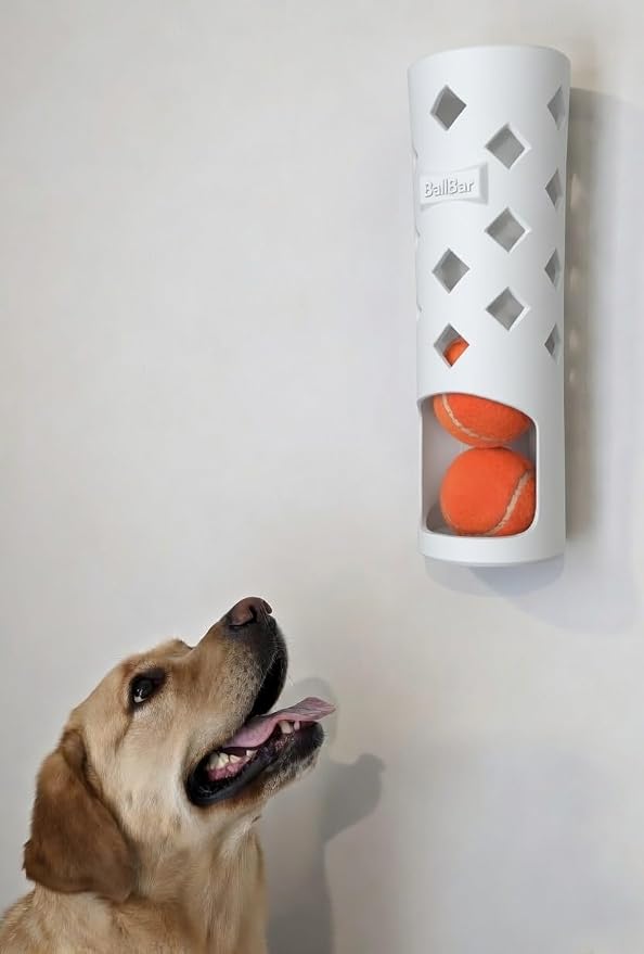 Wall Mounted Tennis Ball Holder for Dogs (White) | Weatherproof ASA Dog Ball Storage for Garage, Patio, Mudroom or Porch - Fits Ball Launchers & Chuckers - Made in USA