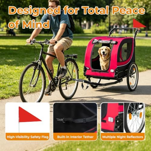 2-in-1 Pet Bike Trailer & Dog Stroller for Ebikes, Heavy-Duty Foldable | Heavy-duty powder-coated steel frame supports up to 100 lbs. 600D Oxford fabric is tear-resistant and sun-protective. Co