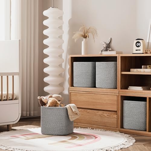 joybest 11inch Cube Storage Bins, Cotton Rope Woven Organizer Basket | Set of 4 Cube Bin Square Shelves Organizer Closet Storage, Nursery, Toy Organization, Grey
