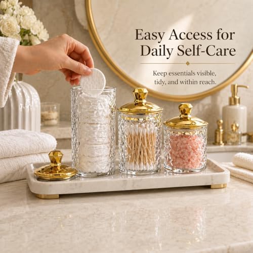 3-Pack Clear Acrylic Diamond-Cut Storage Jars with Gold Lids – Airtight Containers for Kitchen, Bathroom & Home Organization – Versatile Jars for Cotton Pads, Bath Salts & Snacks
