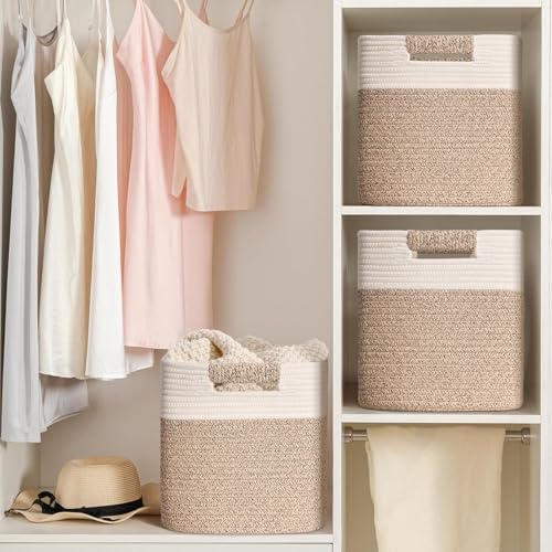 12 Inch Storage Cubes, 3 Pack Cube Storage Bins for Organizing, Cotton Rope Woven Baskets for Shelves, Bathroom, Kids Room, Closets, Baby Nursery