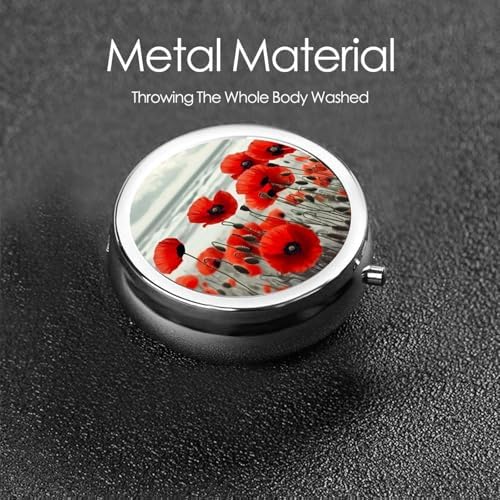 Pill Box 3 Compartment Medicine Pill Case for Pocket or Purse Mini Metal Pillcase Red Poppy Flower Pill Holder Vitamin Organizer Portable Travel Pills Container to Hold Supplements Vitamins