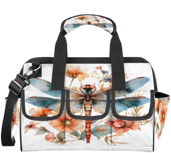 Flower Dragonfly Heavy Duty Tool Bag 14.8 Inch Floral Dragonflies Portable Soft Tool Box Organizer Storage with Adjustable Shoulder Strap