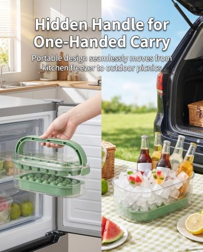 Ice Cube Tray with Bin and Lid, 54-Cell Dual Shape, Easy Release | 28 Square 26 Round Molds, Green, Easy Twist Release, Storage Bin with Collapsible Handle, For Freezer, RV, Camping, Parties