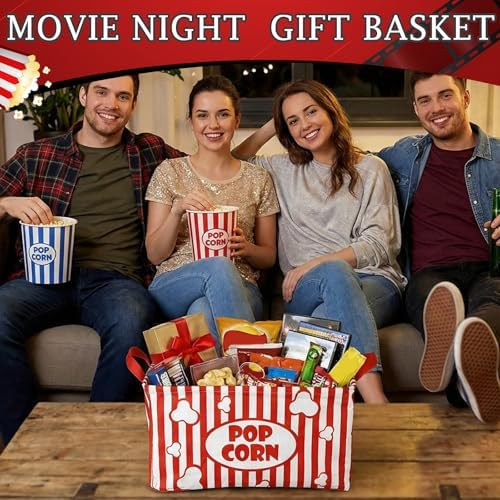 Breling 4 Pcs Movie Night Gift Baskets with Handles Movie Night Supplies Theater Clapboard Popcorn Large Collapsible Storage Bins Boxes for Gifts Snacks Wardrobe Shelves Home Storage, 15 x 10 x 8 Inch