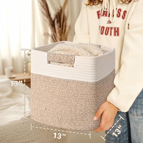 13 Inch Storage Cubes, 3 Pack Cube Storage Bins for Organizing, Cotton Rope Woven Baskets for Shelves, Bathroom, Kids Room, Closets, Baby Nursery