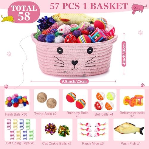 Zopeal 58 Pcs Summer Cat Storage Basket Gift Toys Set, Colorful Flashing Balls Pet Bell Crinkle Balls Spring Toys Attract Cat to Swat, Hunt, Interactive for Pet(Pink,9.8 Inch)