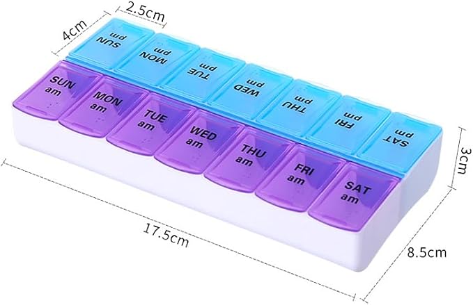 Weekly Pill Organizer Case, Travel Daily Medicine Meds Dispenser | Twice a Day, Vitamin Tablet Container Planner Box for Medication, Fish Oil, Capsule, AM, PM, Morning, Bedtime, Purple + Blue