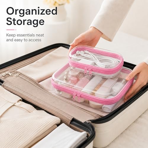 2-Pack Clear Hardshell Zipper Case, 1.2mm Thicken Crush-Proof Travel Toiletries Bag, TSA Approved Portable Zipper Pouches, Rigid Toiletry & Diaper Bag Organizer for Tech, Toys & Art Supplies(Pink)