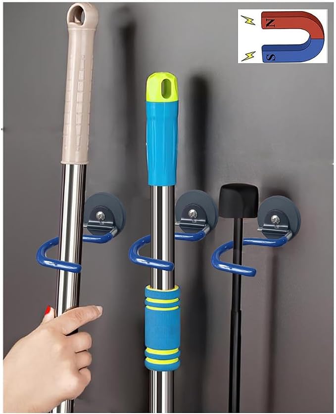 2PCS Broom Holder Magnetic Broom Hooks, Space-Saving Broom Mop Rake Rack, Stainless Steel Heavy Duty Broom Mop Handle Holder