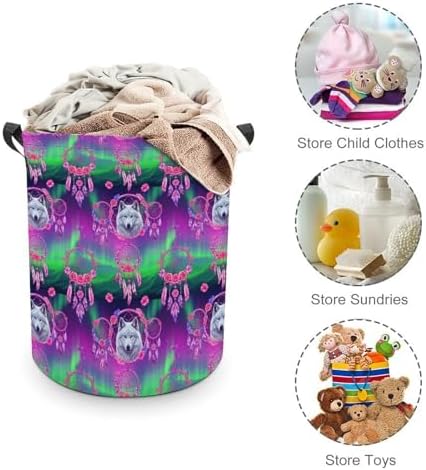 Portable Collapsible Hamper Flower Dream Catcher Boho Wolf, Waterproof Laundry Basket with Handles for Bedroom, Bathroom, and Toy Storage