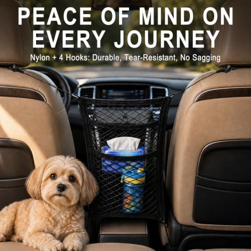 3-Layer Car Mesh Organizer, Dog Barrier Between Front Seats, Elastic Seat Back Net Bag for Kids, Pets, Tissue, Purse, Storage Pouch, Stretchable for SUV Van Truck
