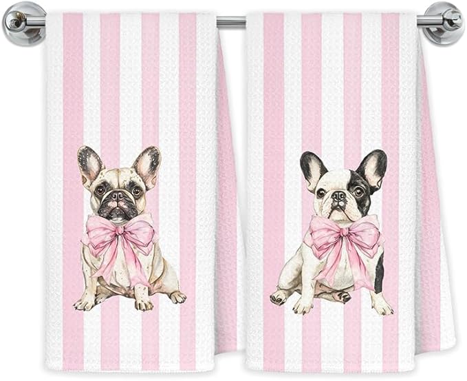 Pink Bow French Dog Kitchen Towels, French Bulldog Gifts Dish Tea Towels for Kitchen Decor, Preppy Girly Frenchie Dog Decorative Hand Towel Bathroom Decor, 16x24 Inch Set of 2