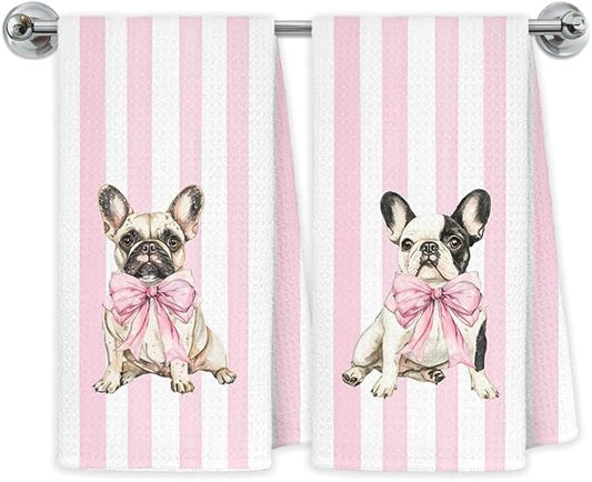 Pink Bow French Dog Kitchen Towels, French Bulldog Gifts Dish Tea Towels for Kitchen Decor, Preppy Girly Frenchie Dog Decorative Hand Towel Bathroom Decor, 16x24 Inch Set of 2
