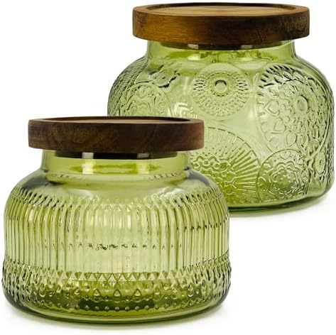 Decorative Green Glass Jars with Airtight Wooden Lids 2 pack, 25.4 fl. oz | Wide mouth vintage storage canister, kitchen pantry bathroom organization, coffee sugar tea cookie candy candle vase gift