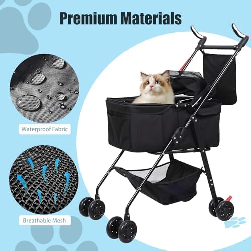 Foldable Pet Stroller with Light Barrier, 3 Wheels Dog Cat Pet Stroller for Small/Medium Dogs Cats, Foldable Portable Compact Jogge Strollers with Storage Basket, Removable Light Grey