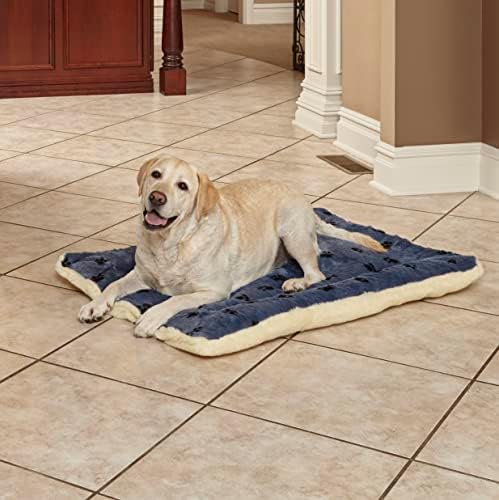 MidWest Homes for Pets QuietTime Reversible Paw Print Pet Bed, Soft Faux Fur & Fleece 42-Inch Crate Mat for Large Dogs, Machine Washable, Blue and Cream