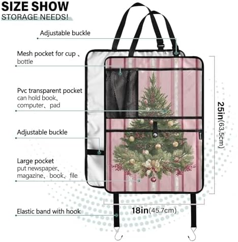 1 Pack Back Seat Car Organizer with Storage Pockets Kick Mats Back Seat Protector Hanging Car Organizer Automotive Seat Back Cover Organizers Cute Pink Striped Christmas Tree
